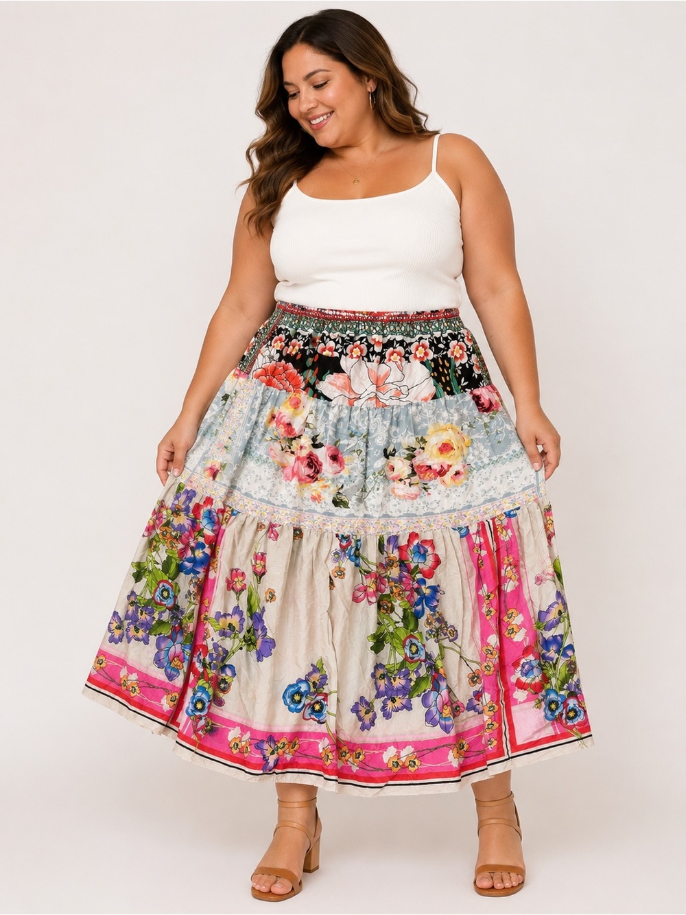 Johnny Was 2X Silk Blend Floral Patchwork Tiered Boho Midi Skirt